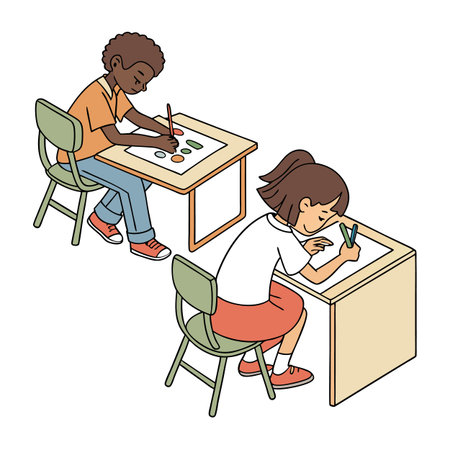Children drawing and painting at school desks, illustration for education materialsのイラスト素材