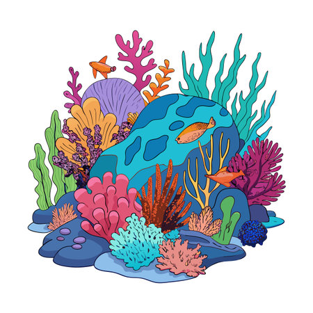Cartoon coral reef with tropical fish, algae, and rocks underwater sceneのイラスト素材