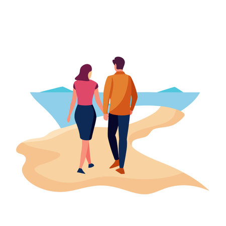 Couple holding hands walking on a beach with blue sea backgroundのイラスト素材