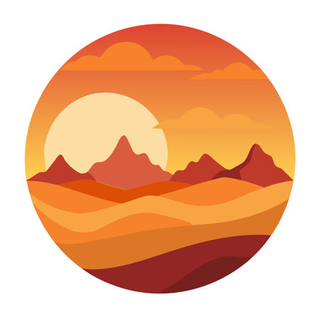 Abstract desert landscape illustration with mountains, sun, and layered sand dunesのイラスト素材