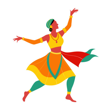 Vibrant Indian Dance Illustration: Woman in Colorful Dress Performing Traditional Danceのイラスト素材