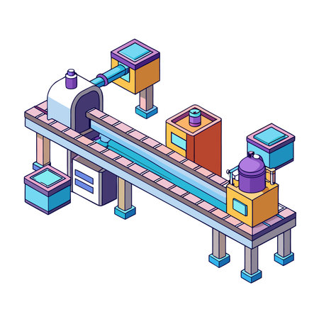 Isometric automated industrial conveyor line for manufacturing processing with different machineryのイラスト素材