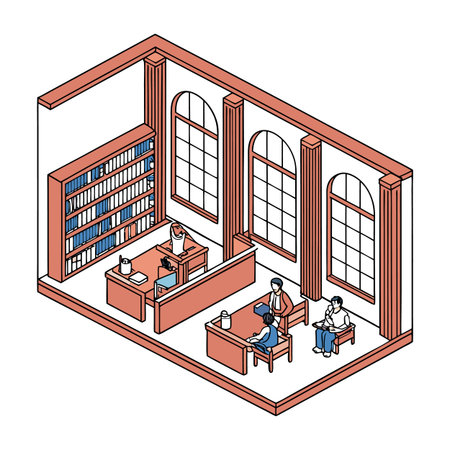 Isometric Office Scene with People, Furniture, and Classic Architectural Elementsのイラスト素材