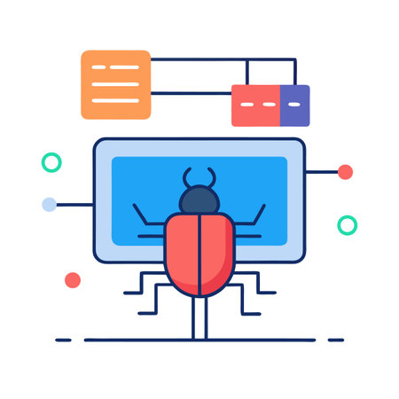 Software Bug Detection on Network: Flat Vector Illustration of Cybersecurity Conceptのイラスト素材