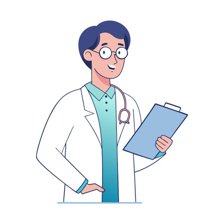Friendly doctor holding clipboard, wearing stethoscope and lab coat illustrationのイラスト素材