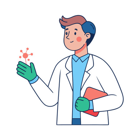 Scientist in lab coat examining molecule illustration with a simple cartoon styleのイラスト素材