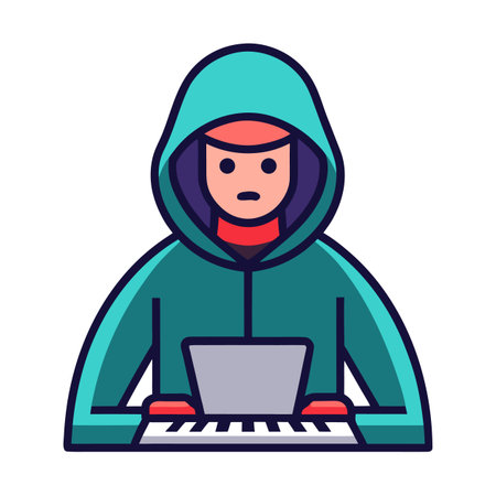 Stylized hacker illustration with laptop computer and hooded sweatshirt graphic iconのイラスト素材