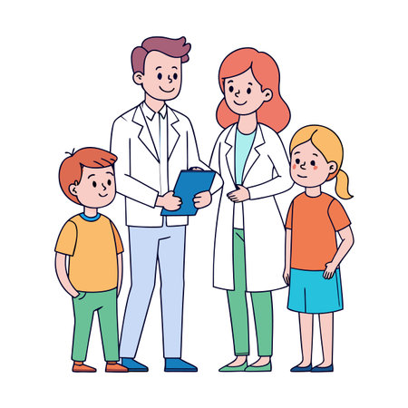 Friendly doctors with young patients holding a clipboard, showcasing child healthcare servicesのイラスト素材