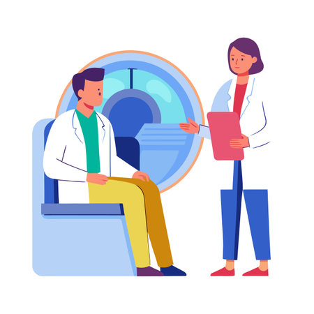 Man receiving medical scan procedure with healthcare professional, illustration on white backdropのイラスト素材