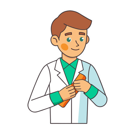 Cartoon doctor holding a package in his hands wearing lab coat and shirtのイラスト素材