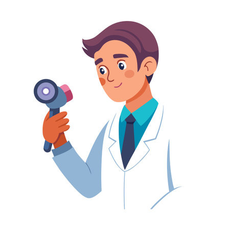 Young dermatologist in lab coat using dermatoscope for skin examinationのイラスト素材