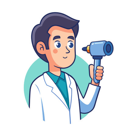 Cartoon doctor holding otoscope examination tool for ears on a white backgroundのイラスト素材