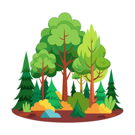 Cartoon woodland landscape illustration with trees shrubs and rock element, flat styleのイラスト素材
