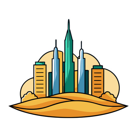 Stylized cityscape with skyscrapers and dunes in a cartoonish flat vector illustrationのイラスト素材