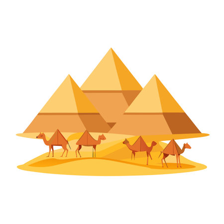 Flat illustration of camels walking by the Giza pyramids in Egyptのイラスト素材