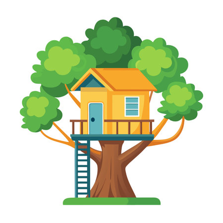 Whimsical treehouse nestled among lush green foliage, a playful childhood escapeのイラスト素材