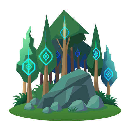 Enchanted Forest Landscape with Glowing Geometric Ornaments and Rock Outcropのイラスト素材
