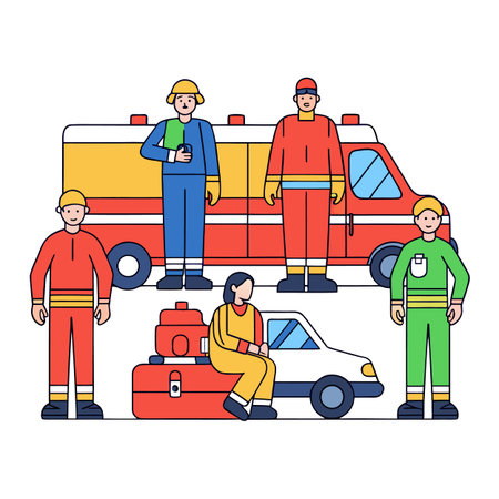 Emergency service team with ambulance and support vehicles in flat vector illustrationのイラスト素材