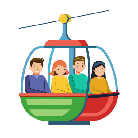 Cartoon illustration of people in a cable car gondola during vacationのイラスト素材