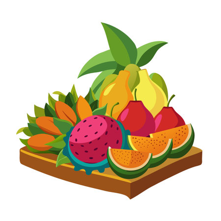 Stylized illustration of assorted fruits on wooden board with leaf decorationsのイラスト素材