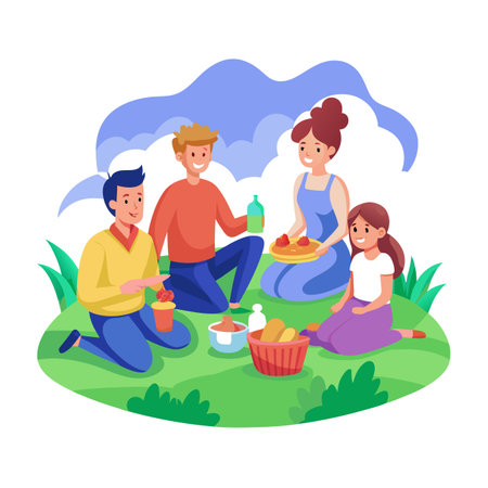 Family enjoys a picnic outdoors in a park on a sunny day illustrationのイラスト素材