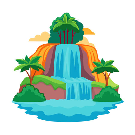 Colorful cartoon illustration of a waterfall flowing into a pool with lush vegetationのイラスト素材
