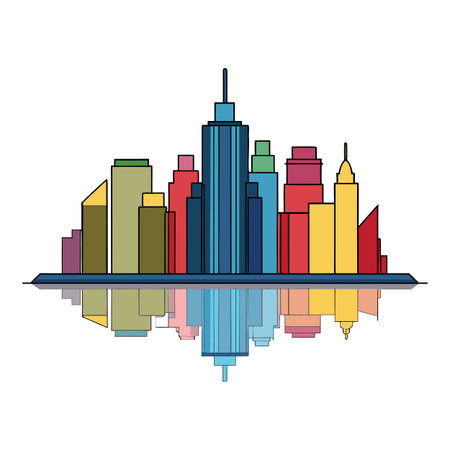 Abstract Cityscape Illustration with Reflections on Water in Flat Style Designのイラスト素材