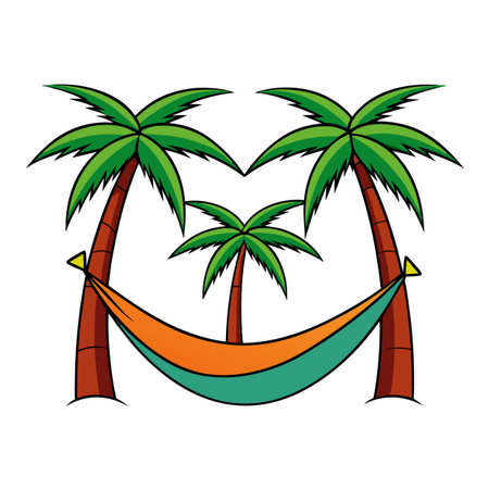 Cartoon tropical island scene with palm trees and hammock for vacation relaxationのイラスト素材
