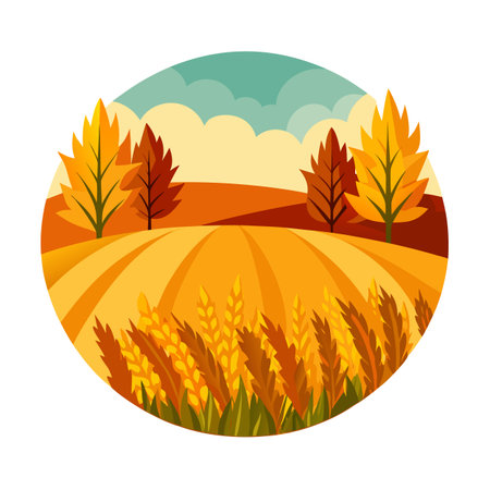 Autumn Landscape in Circle with Fields Trees and Sky Flat Illustrationのイラスト素材