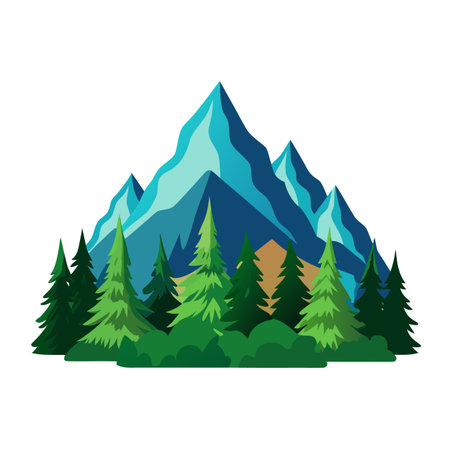 Mountain Landscape Illustration with Pine Trees in Flat Vector Style for Commercial Useのイラスト素材