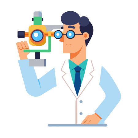 Optometrist performing eye exam with specialized equipment in a flat vector illustrationのイラスト素材