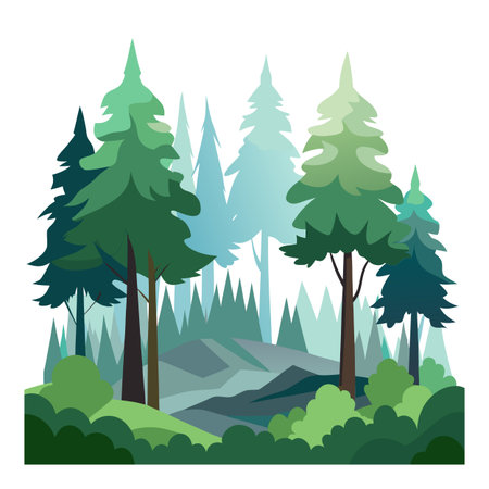 Stylized evergreen forest vector illustration with hills and bright colors on white backgroundのイラスト素材
