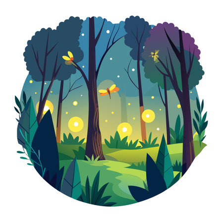 Enchanted Forest at Night with Fireflies and Trees in Flat Designのイラスト素材