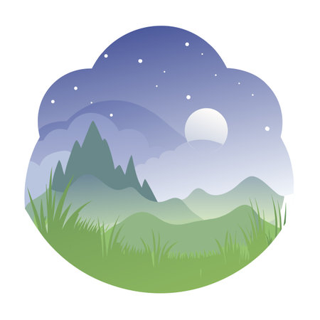 Tranquil Night Landscape with Mountains Moon and Starry Sky in Graphic Styleのイラスト素材
