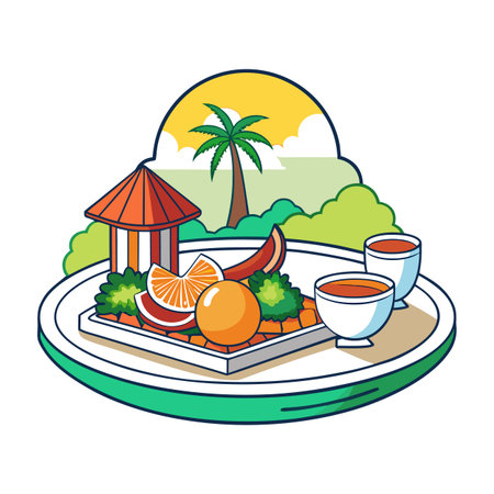 Vibrant tropical food and drink illustration showcasing a plate of citrus fruits and teaのイラスト素材