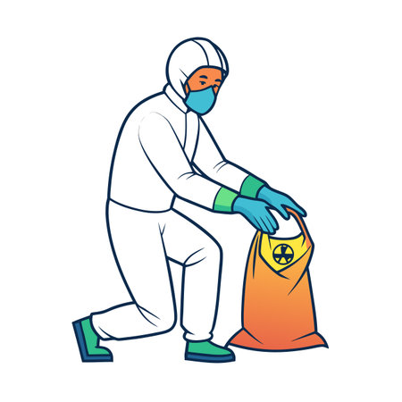 Man in protective suit collecting hazardous waste in a labeled bagのイラスト素材