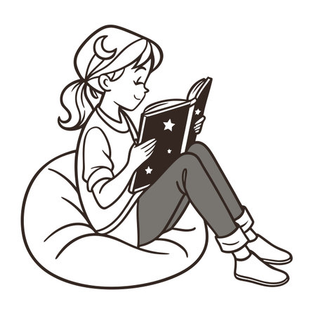 Illustration of a young girl reading a storybook on a beanbag chairのイラスト素材