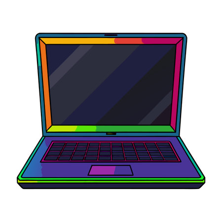 Vibrant cartoon style illustration of an open laptop with rainbow gradient colorsのイラスト素材