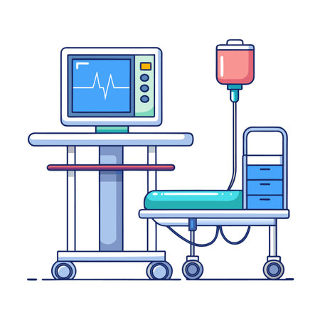 Hospital Equipment: Monitor, IV Drip, and Mobile Treatment Cart in Cartoon Styleのイラスト素材