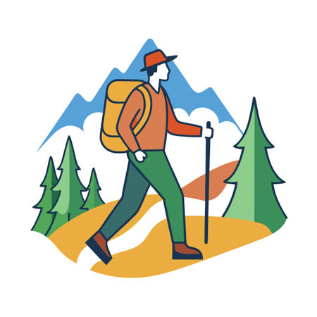 Hiking Adventure: A stylized illustration of a backpacker hiking in the mountainsのイラスト素材