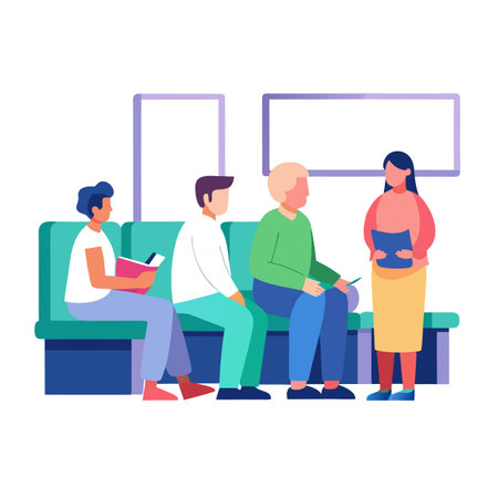 Diverse people waiting on a blue-green couch, with a woman holding filesのイラスト素材