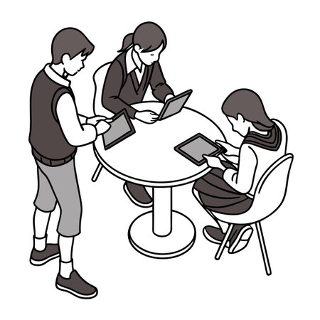 Group of students and professionals working on tablets around a tableのイラスト素材
