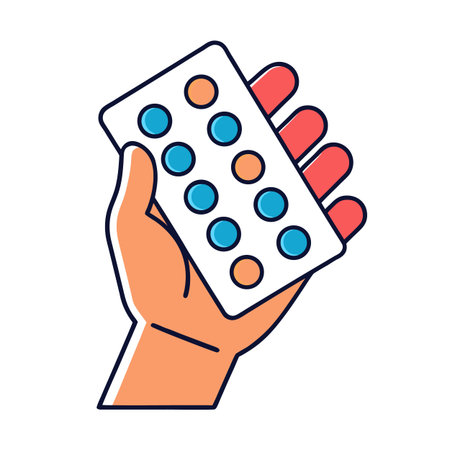 Hand holding blister pack of medication with colored pills in flat illustrationのイラスト素材