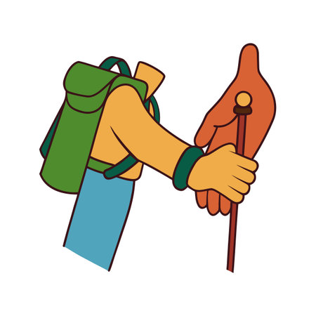 Cartoon style hiker with green backpack and hiking stick arm onlyのイラスト素材