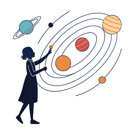 Illustration of a girl interacting with a stylized solar system modelのイラスト素材