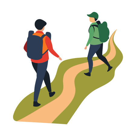 Two hikers with backpacks walk along a winding path through the countryside.のイラスト素材
