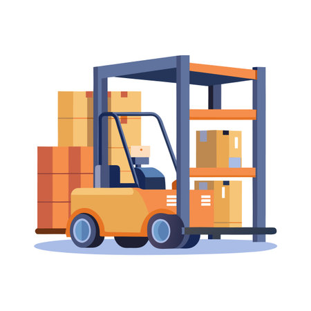 Forklift loading boxes onto shelves in a warehouse storage facility conceptのイラスト素材