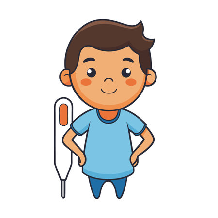 Boy with a thermometer in cartoon style representing illness and medical treatmentのイラスト素材