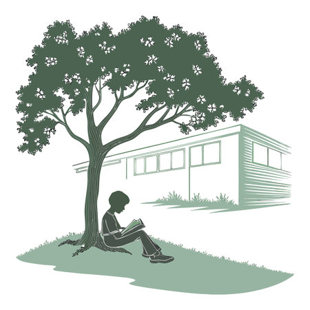 Child reading under a tree near a building in monochromatic green huesのイラスト素材