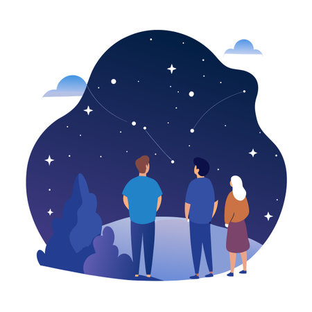 Group of friends stargazing at night, looking up at constellations illustrationのイラスト素材